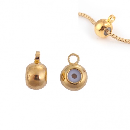 Picture of Copper Slider Clasp Beads Round Gold Plated With Adjustable Silicone Core W/ Loop 8mm( 3/8") x 6mm( 2/8"), Hole: 1.3mm, 10 PCs