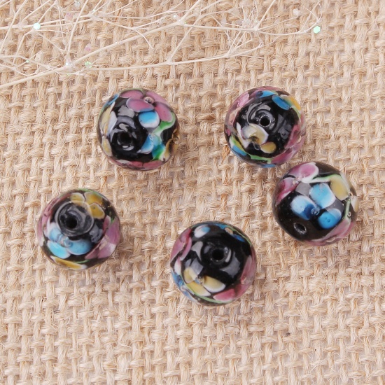 Bild von Muranoglas Japanischer Stil Perlen Rund Schwarz Pflaumenblüte ca 12mm D., Loch:ca. 1.3mm, 5 Stück
