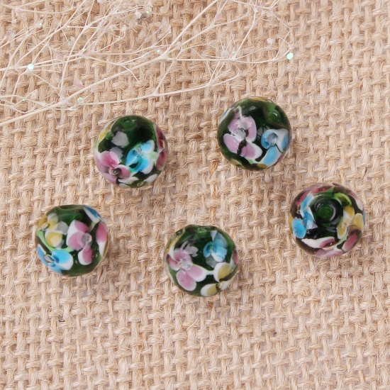 Bild von Muranoglas Japanischer Stil Perlen Rund Dunkelgrün Pflaumenblüte ca 12mm D., Loch:ca. 1.4mm, 5 Stück