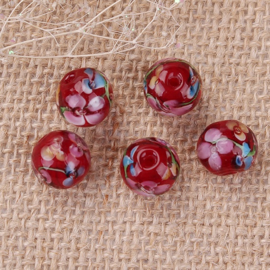 Bild von Muranoglas Japanischer Stil Perlen Rund Rot Pflaumenblüte ca 12mm D., Loch:ca. 1.5mm, 5 Stück