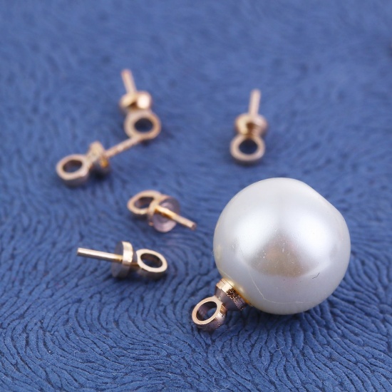 Picture of Copper Pearl Pendant Connector Bail Pin Cap Round Gold Plated 8mm( 3/8") x 4mm( 1/8"), Needle Thickness: 1mm, 100 PCs