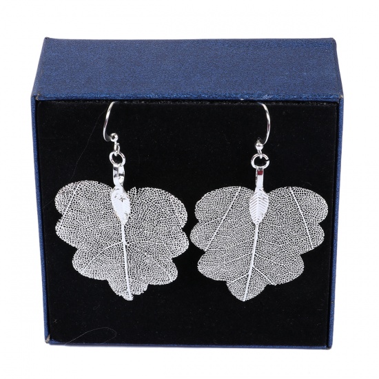 Picture of Copper Earrings Silver Plated Leaf 62mm(2 4/8") x 35mm(1 3/8"), Post/ Wire Size: (21 gauge), 1 Pair