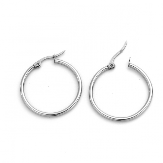 Picture of 304 Stainless Steel Hoop Earrings Round Silver Tone 39mm(1 4/8") x 34mm(1 3/8"), Post/ Wire Size: (21 gauge), 6 PCs