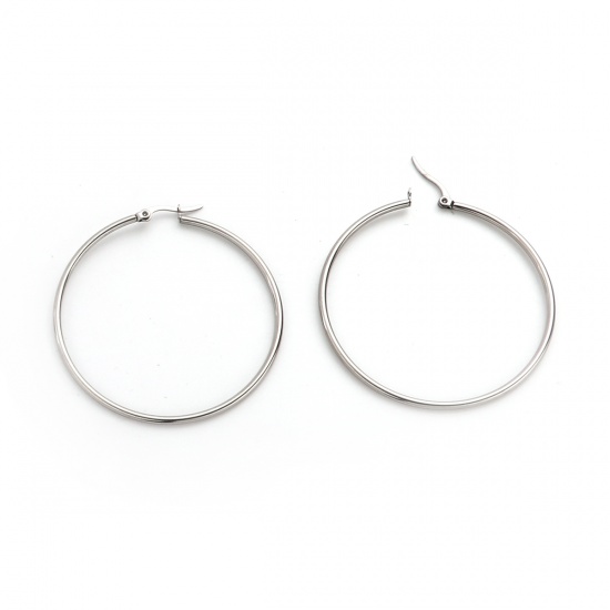 Picture of 304 Stainless Steel Hoop Earrings Round Silver Tone 58mm(2 2/8") x 54mm(2 1/8"), Post/ Wire Size: (21 gauge), 4 PCs