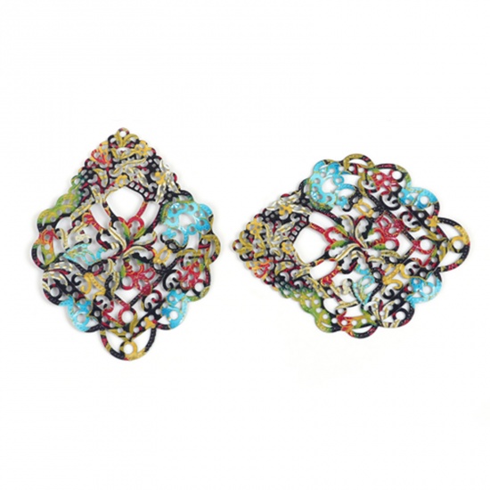 Picture of Iron Based Alloy Enamel Painting Pendants Rhombus Green Multicolor Filigree Stamping 63mm x 50mm, 3 PCs
