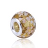 Picture of Glass Japan Painting Vintage Japanese Tensha European Style Large Hole Charm Beads Round Silver Plated Sakura Flower Amber Transparent About 14mm( 4/8") Dia, Hole: Approx 4.7mm, 5 PCs