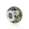 Picture of Glass Japan Painting Vintage Japanese Tensha European Style Large Hole Charm Beads Round Silver Plated Sakura Flower Green Transparent About 14mm( 4/8") Dia, Hole: Approx 4.7mm, 5 PCs
