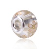 Picture of Glass Japan Painting Vintage Japanese Tensha European Style Large Hole Charm Beads Round Silver Plated Sakura Flower Transparent Clear About 14mm( 4/8") Dia, Hole: Approx 4.7mm, 5 PCs