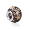 Picture of Glass Japan Painting Vintage Japanese Tensha European Style Large Hole Charm Beads Round Silver Plated Sakura Flower Black Transparent About 14mm( 4/8") Dia, Hole: Approx 4.7mm, 5 PCs