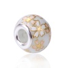 Picture of Glass Japan Painting Vintage Japanese Tensha European Style Large Hole Charm Beads Round Silver Plated Sakura Flower White About 14mm( 4/8") Dia, Hole: Approx 4.7mm, 5 PCs