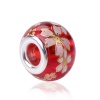 Picture of Glass Japan Painting Vintage Japanese Tensha European Style Large Hole Charm Beads Round Silver Plated Sakura Flower Red Transparent About 14mm( 4/8") Dia, Hole: Approx 4.7mm, 5 PCs