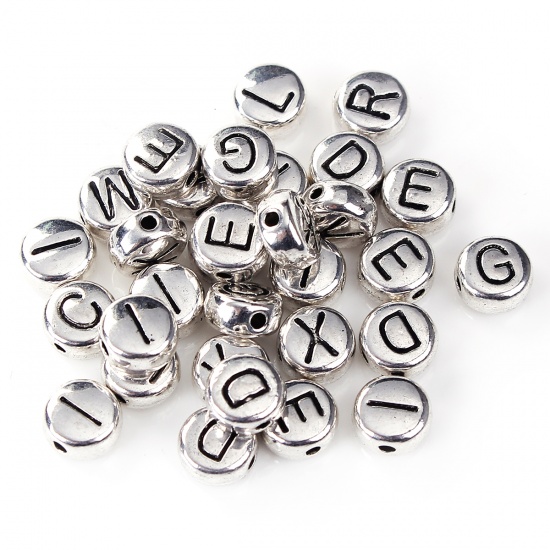 Picture of Zinc Based Alloy Spacer Beads Round Silver Tone At Random Initial Alphabet/ Letter About 6mm Dia, Hole: Approx 0.8mm, 100 PCs