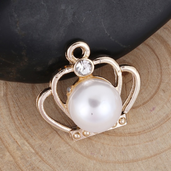 Picture of Zinc Based Alloy One Pearl Jewelry Charms Crown Light Golden White Clear Rhinestone Acrylic Imitation Pearl 18mm( 6/8") x 17mm( 5/8"), 20 PCs