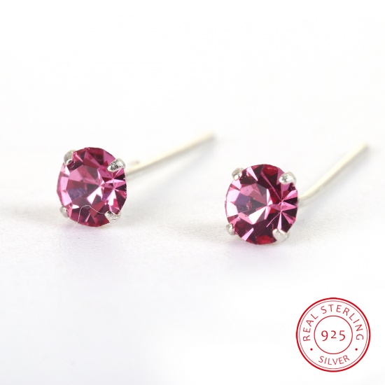 Picture of Sterling Silver Ear Post Stud Earrings Silver Round Pink Rhinestone 13mm( 4/8") x 4mm( 1/8"), Post/ Wire Size: (22 gauge), 1 Pair