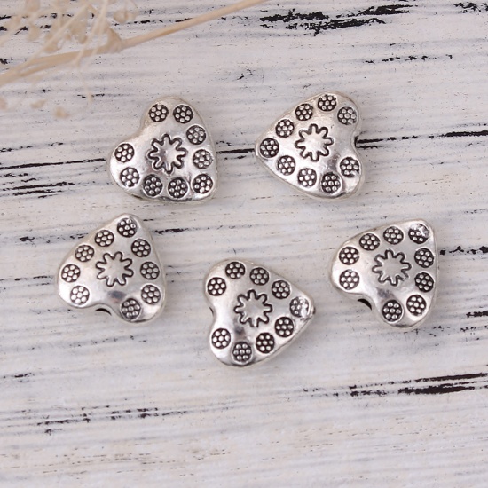 Picture of Zinc Based Alloy Metal Beads Heart Antique Silver Flower 11mm x 10mm, Hole: Approx 1.7mm, 50 PCs