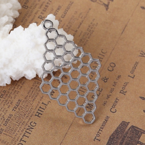 Picture of Zinc Based Alloy Pendants Honeycomb Silver Tone Rhombus Hollow 37mm(1 4/8") x 21mm( 7/8"), 20 PCs