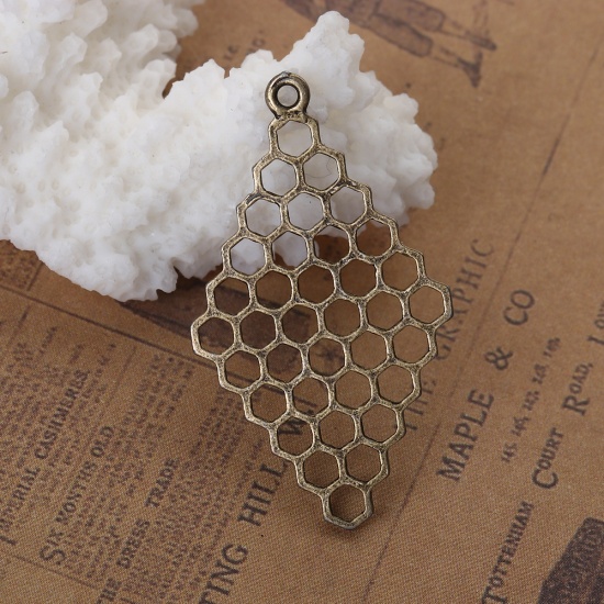Picture of Zinc Based Alloy Pendants Honeycomb Antique Bronze Rhombus Hollow 37mm(1 4/8") x 21mm( 7/8"), 20 PCs