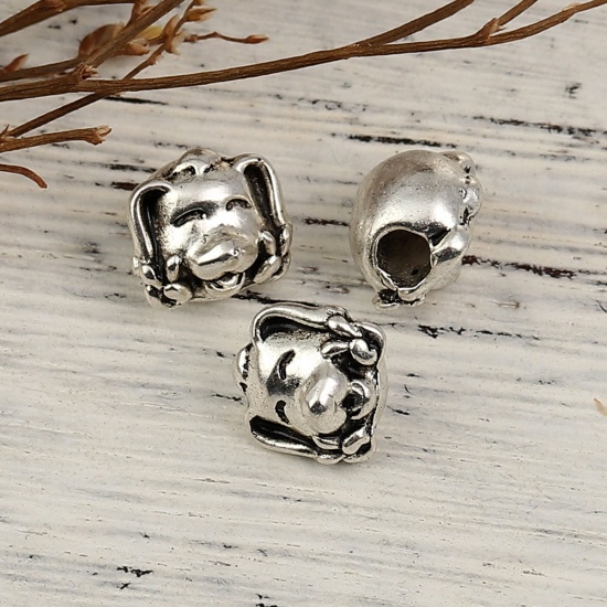 亜鉛合金 スペーサー ビーズ 犬 銀古美 12mm x 11mm、 穴：約 3.8mm、 10 個 の画像