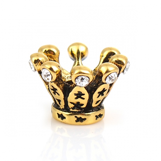 Picture of Zinc Based Alloy European Style Large Hole Charm Beads Crown Gold Tone Antique Gold Clear Rhinestone About 14mm( 4/8") x 10mm( 3/8"), Hole: Approx 4.3mm, 5 PCs
