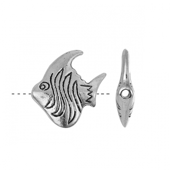 亜鉛合金 メタル 金属 3D スペーサー ビーズ 魚 銀古美 21mm x 20mm、 穴：約 1.8mm、 30 個 の画像