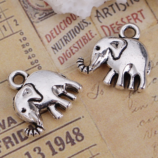 Picture of Zinc Based Alloy Charms Elephant Animal Antique Silver Color 13mm( 4/8") x 13mm( 4/8"), 50 PCs