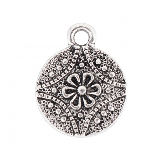 Picture of Zinc Based Alloy Charms Round Antique Silver Flower 17mm( 5/8") x 13mm( 4/8"), 30 PCs