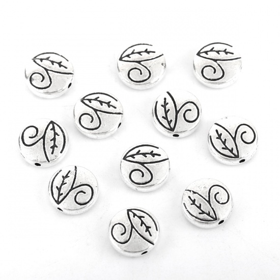 Picture of Zinc Based Alloy Spacer Beads Round Antique Silver Leaf About 11mm Dia, Hole: Approx 1.2mm, 50 PCs