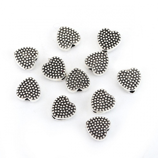 Immagine di Lega di Zinco Separatori Perline Cuore Argento Antico Circa 7mm x 7mm, Foro:Circa 1.3mm, 100 Pz