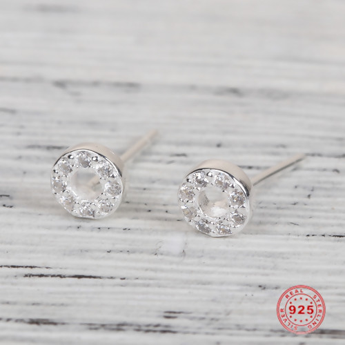 Picture of Sterling Silver Ear Post Stud Earrings Silver Round Clear Rhinestone 13mm( 4/8") x 5mm( 2/8"), Post/ Wire Size: (21 gauge), 1 Pair