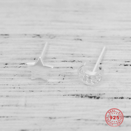 Picture of Sterling Silver Ear Post Stud Earrings Silver Half Moon Clear Rhinestone 6mm( 2/8") x 5mm( 2/8"), Post/ Wire Size: (21 gauge), 1 Pair