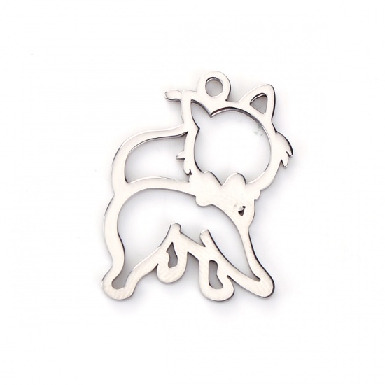 Picture of 304 Stainless Steel Pet Silhouette Charms Cat Animal Silver Tone Hollow 29mm(1 1/8") x 26mm(1"), 1 Piece