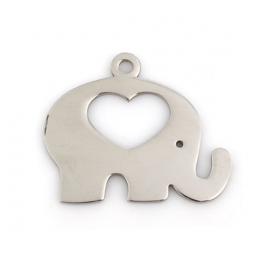 Picture of 304 Stainless Steel Pet Silhouette Pendants Elephant Animal Silver Tone Heart 30mm(1 1/8") x 24mm(1"), 1 Piece