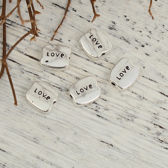 Picture of Zinc Based Alloy Spacer Beads Irregular Antique Silver Message " LOVE " 10mm x 8mm, Hole: Approx 1.4mm, 50 PCs