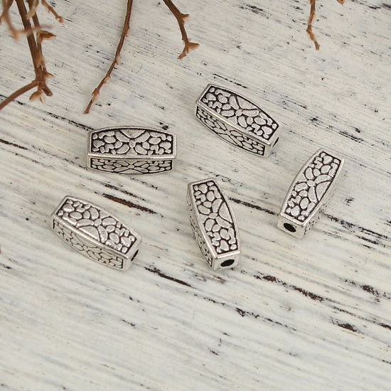 Picture of Zinc Based Alloy Spacer Beads Rectangle Antique Silver Carved 12mm x 5mm, Hole: Approx 1.7mm, 50 PCs