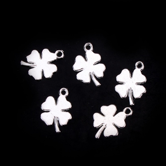 Picture of Zinc Based Alloy Charms Four Leaf Clover Silver Plated 18mm( 6/8") x 13mm( 4/8"), 50 PCs