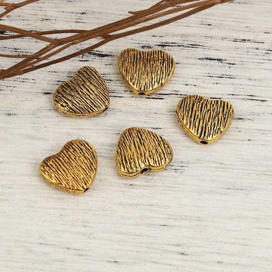 Immagine di Lega di Zinco Separatori Perline Cuore Oro Antico Striscia Scolpisce Circa 12mm x 11mm, Foro:Circa 1.3mm, 50 Pz