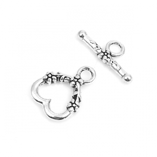 Picture of Zinc Based Alloy Toggle Clasps Heart Antique Silver 18mm x 14mm 20mm x 8mm, 40 Sets