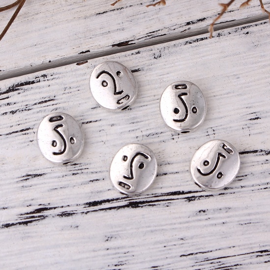 Picture of Zinc Based Alloy Spacer Beads Face Antique Silver Oval 12mm x 10mm, Hole: Approx 1.6mm, 50 PCs