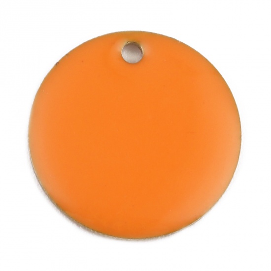 Immagine di Rame Sequins Smaltati Charms Tondo Colore Originale Arancione Smalto 20mm Dia., 5 Pz