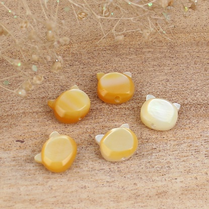 Image de Perles en Coquille Chat Jaune à Strass Couleur AB 7mm x 7mm, Taille de Trou: 0.7mm, 2 Pcs