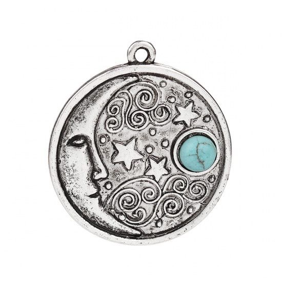 Picture of Zinc Based Alloy & Acrylic Boho Chic Pendants Round Antique Silver Color Green Blue Sun Face Imitation Turquoise 33mm(1 2/8") x 30mm(1 1/8"), 6 PCs