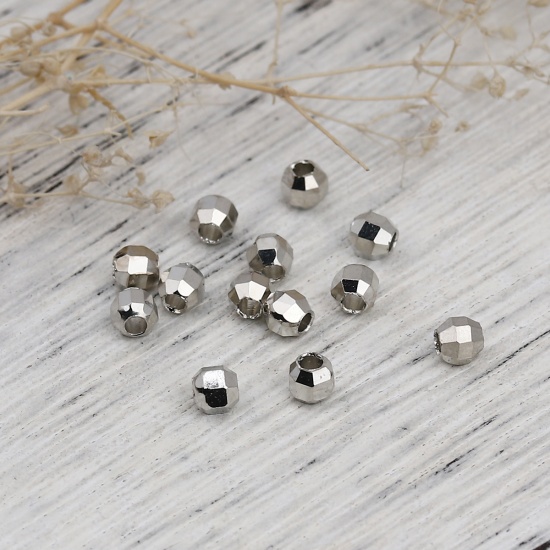 Picture of Copper Beads Round Silver Tone Faceted About 4mm( 1/8") Dia, Hole: Approx 1.4mm, 50 PCs