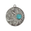 Picture of Zinc Based Alloy & Acrylic Boho Chic Pendants Round Antique Silver Color Green Blue Sun Imitation Turquoise 34mm(1 3/8") x 29mm(1 1/8"), 6 PCs