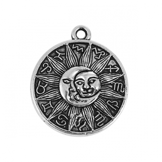 Picture of Zinc Based Alloy Boho Chic Charms Round Antique Silver Color Sun And Moon Face 29mm(1 1/8") x 25mm(1"), 20 PCs