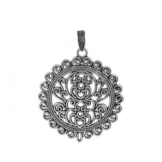 Picture of Zinc Based Alloy Boho Chic Pendants Round Antique Silver Color Carved 75mm(3") x 56mm(2 2/8"), 2 PCs