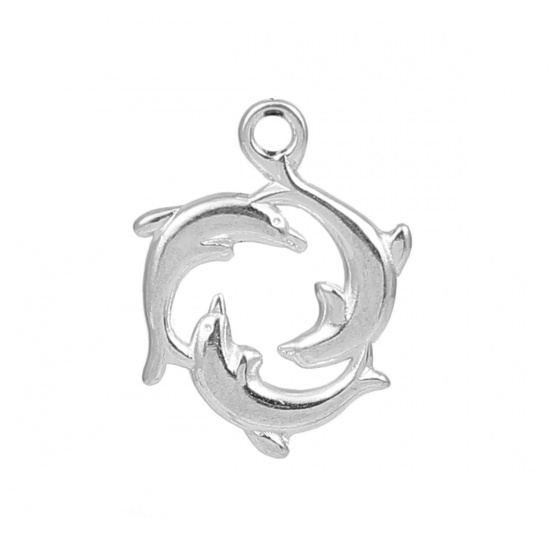 Picture of Zinc Based Alloy Ocean Jewelry Charms Dolphin Animal Silver Plated 21mm( 7/8") x 16mm( 5/8"), 30 PCs