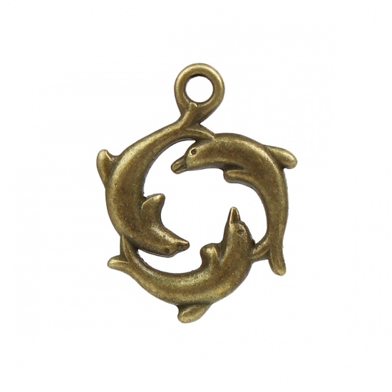 Picture of Zinc Based Alloy Ocean Jewelry Charms Dolphin Animal Antique Bronze 21mm( 7/8") x 16mm( 5/8"), 30 PCs