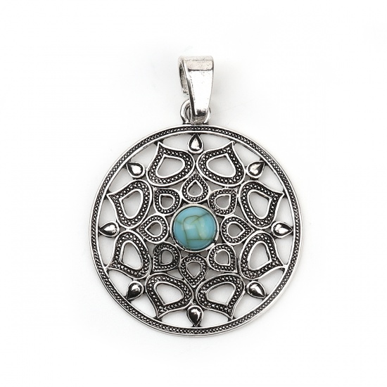 Picture of Zinc Based Alloy & Acrylic Boho Chic Pendants Round Antique Silver Color Green Blue Imitation Turquoise 66mm(2 5/8") x 48mm(1 7/8"), 3 PCs