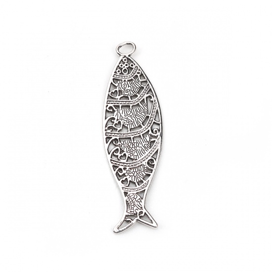 Picture of Zinc Based Alloy Pendants Jesus/ Christian Fish Ichthys Antique Silver Carved 70mm(2 6/8") x 22mm( 7/8"), 10 PCs