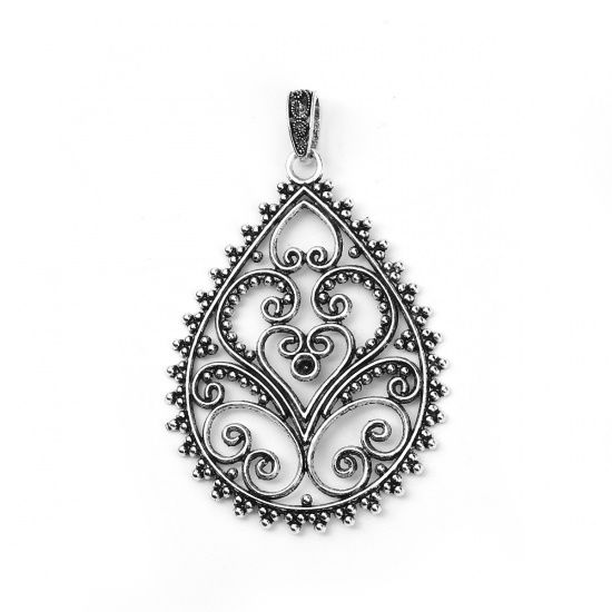 Picture of Zinc Based Alloy Boho Chic Pendants Drop Antique Silver Color (Can Hold ss22 Pointed Back Rhinestone) Carved 85mm(3 3/8") x 85mm(3 3/8"), 3 PCs